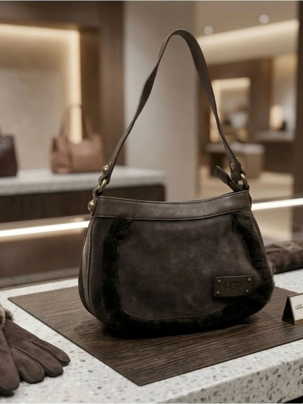 LMT: UGG Australia Suede Leather Shearling Classic Bailey Handbag in Dark Brown